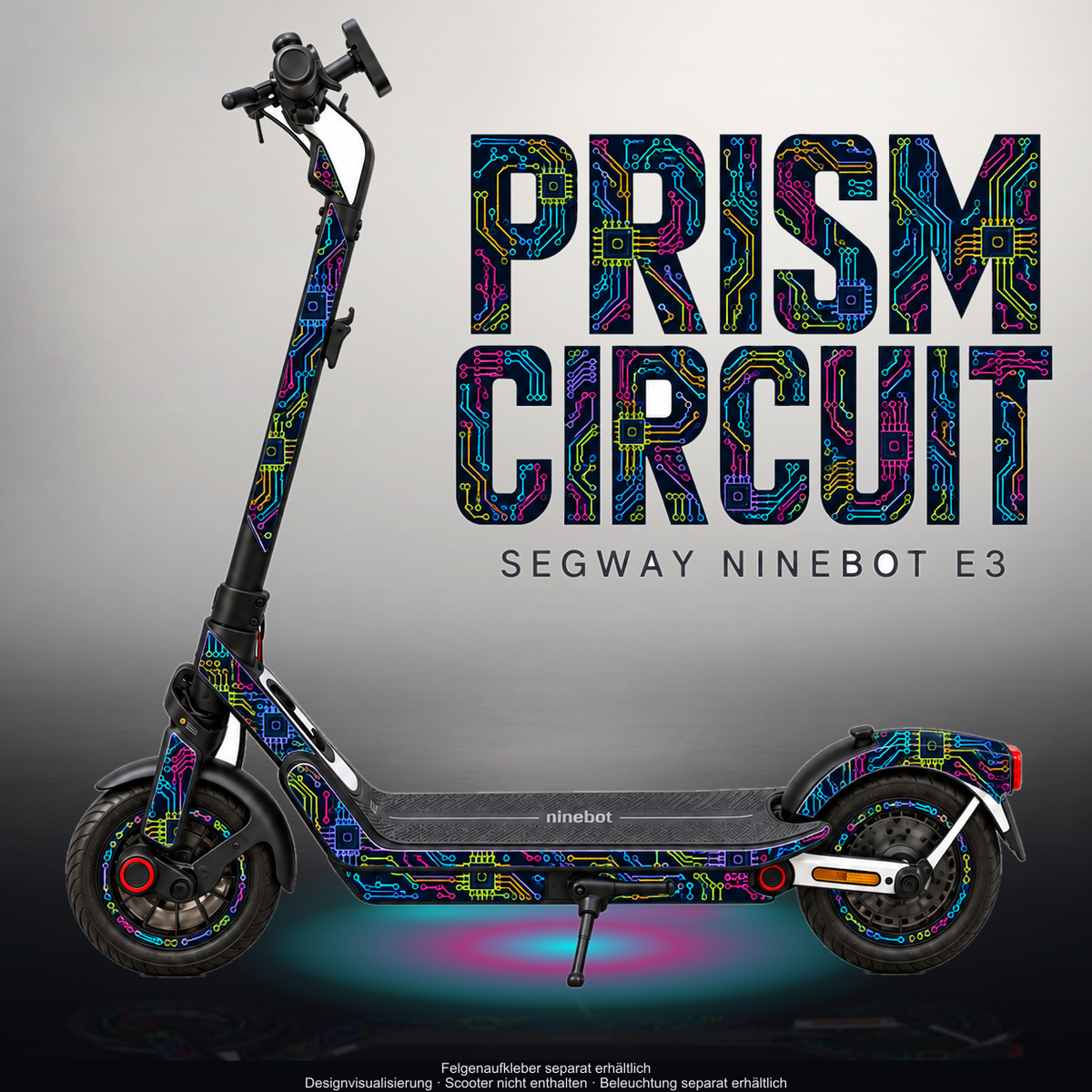 SEGWAY NINEBOT E3 / E3 PRO SKIN | PRISM CIRCUIT – Designvisualisierung im Studio-Look mit Licht in der Skinfarbe; Scooter nicht enthalten, Beleuchtung separat erhältlich