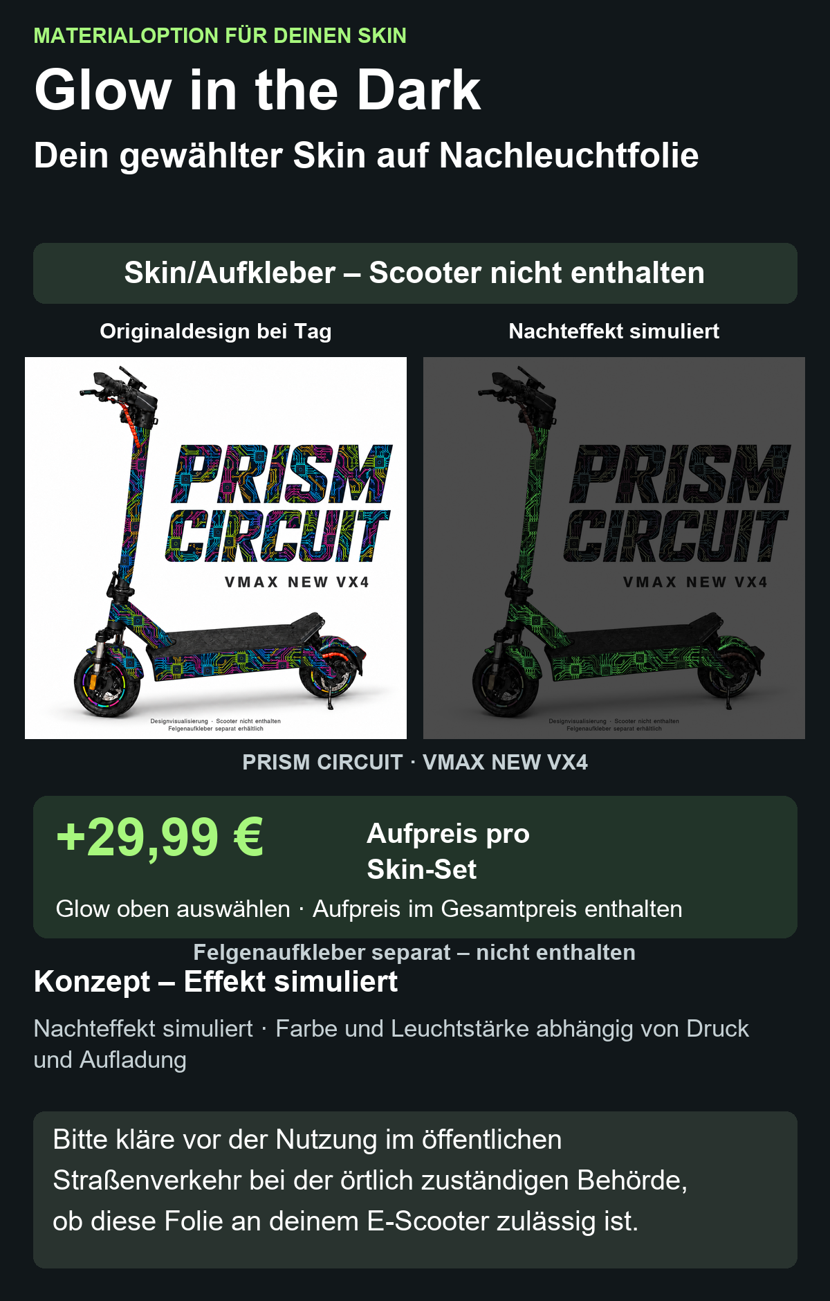 PRISM CIRCUIT · VMAX NEW VX4: Glow in the Dark +29,99 € Aufpreis pro Skin-Set. Glow oben auswählen; Aufpreis im Gesamtpreis enthalten. Nachteffekt simuliert; Farbe und Leuchtstärke abhängig von Druck und Aufladung. Felgenaufkleber separat – nicht enthalten.
