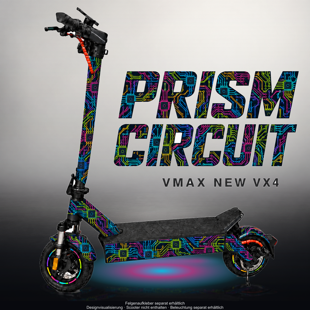 VMAX NEW VX4 SKIN | PRISM CIRCUIT – Designvisualisierung im Studio-Look mit Licht in der Skinfarbe; Scooter nicht enthalten, Beleuchtung separat erhältlich