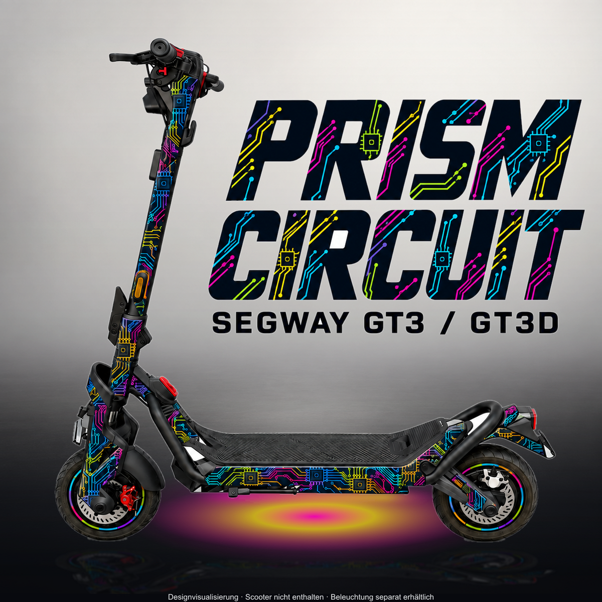 SEGWAY NINEBOT GT3 SKIN | PRISM CIRCUIT – Designvisualisierung im Studio-Look mit Licht in der Skinfarbe; Scooter nicht enthalten, Beleuchtung separat erhältlich