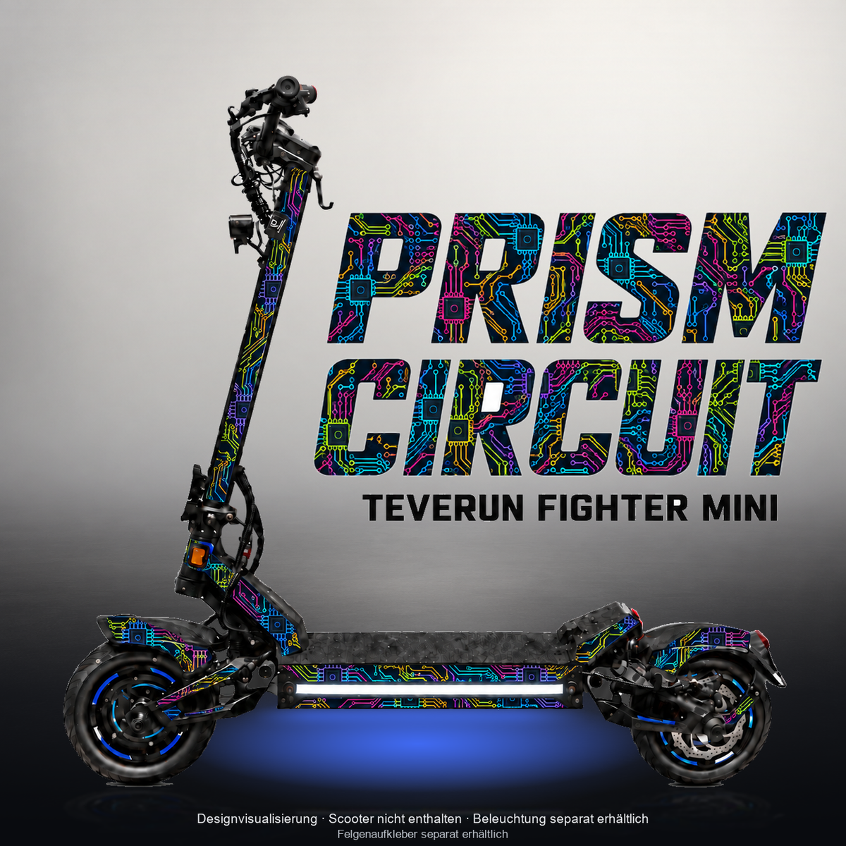 TEVERUN FIGHTER MINI / PRO SKIN | PRISM CIRCUIT – Designvisualisierung im Studio-Look mit Licht in der Skinfarbe; Scooter nicht enthalten, Beleuchtung separat erhältlich