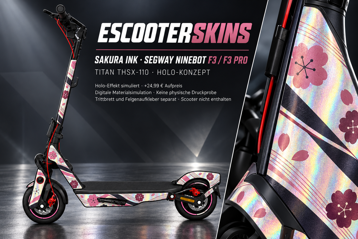 SEGWAY NINEBOT F3 / F3 PRO SKIN | SAKURA INK – Holo-Effekt simuliert; +24,99 EUR Aufpreis. Digitale Materialsimulation, keine physische Druckprobe. Nur Body-Skin; Trittbrett und Felgenaufkleber separat; Scooter nicht enthalten.
