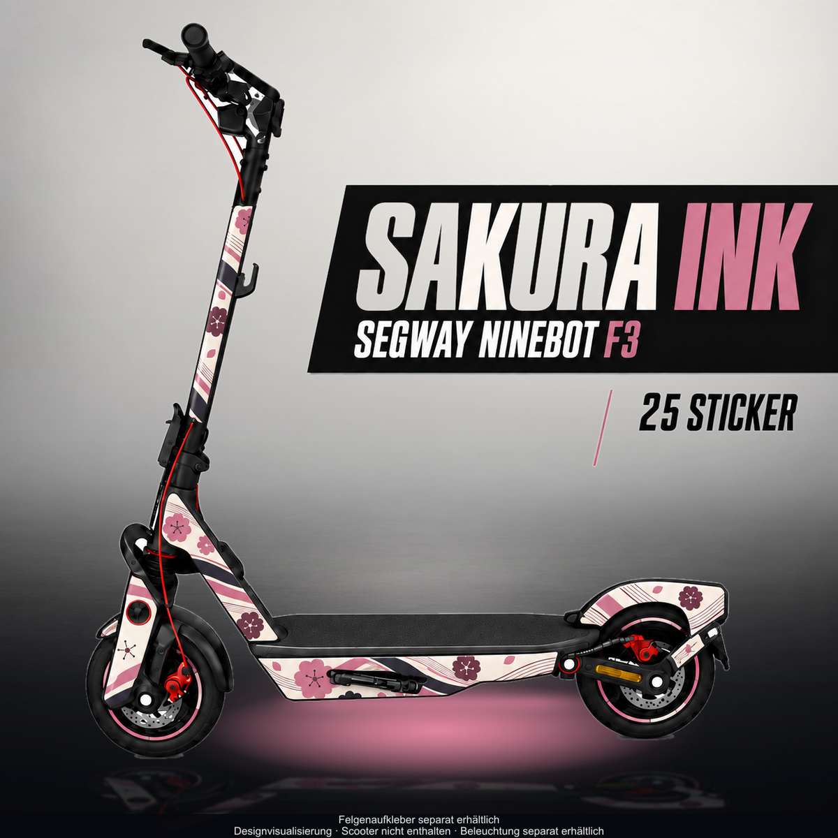 SEGWAY NINEBOT F3 / F3 PRO SKIN | SAKURA INK – Designvisualisierung im Studio-Look mit Licht in der Skinfarbe; Scooter nicht enthalten, Beleuchtung separat erhältlich