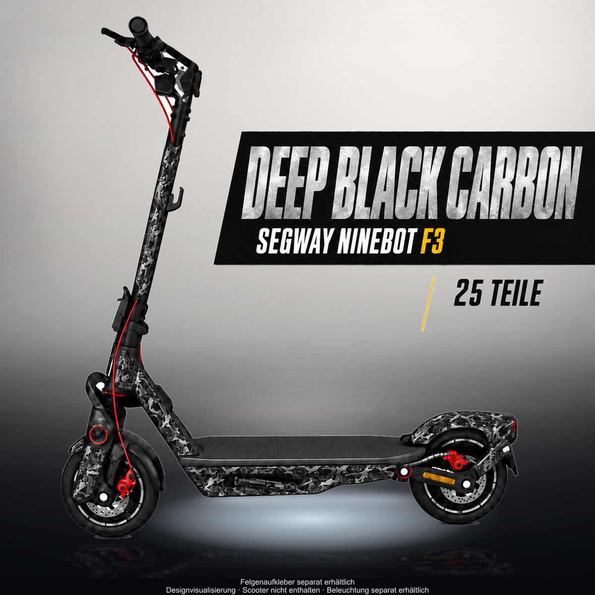 SEGWAY NINEBOT F3 / F3 PRO SKIN | DEEP BLACK CARBON – Designvisualisierung im Studio-Look mit Licht in der Skinfarbe; Scooter nicht enthalten, Beleuchtung separat erhältlich