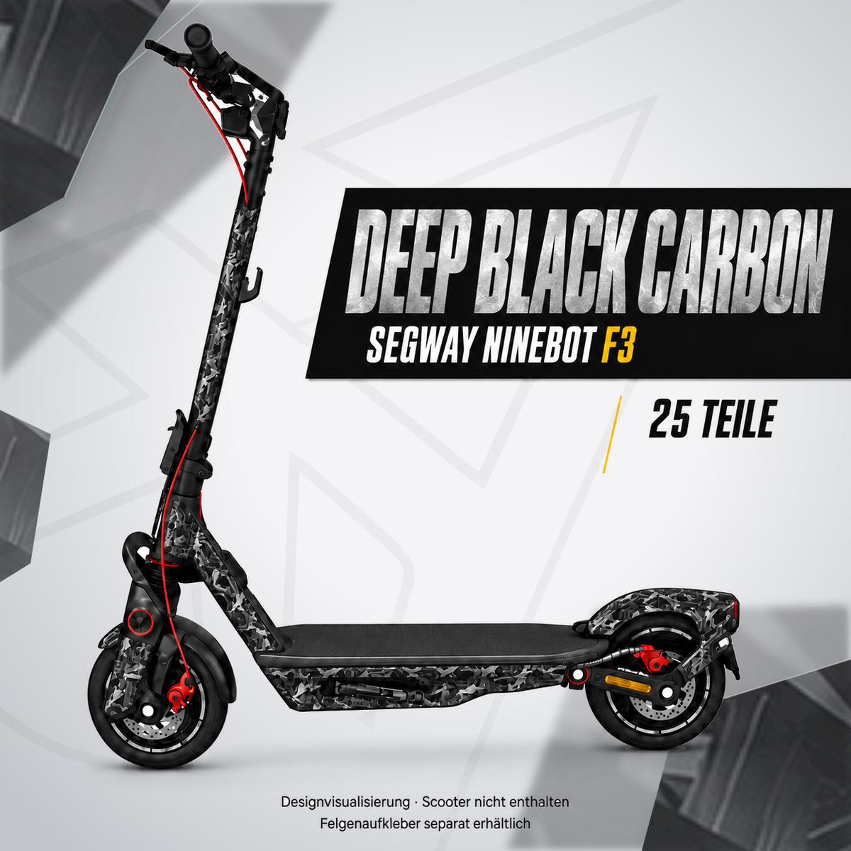 DEEP BLACK CARBON Skin für Segway Ninebot F3. Felgenaufkleber separat erhältlich.