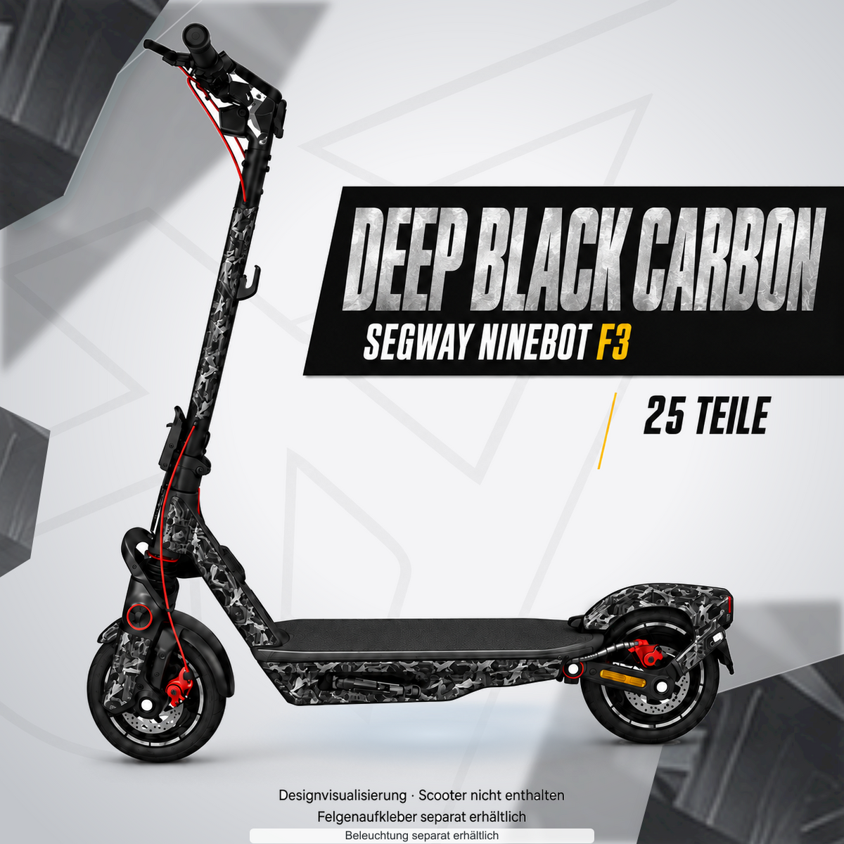 SEGWAY NINEBOT F3 / F3 PRO SKIN | DEEP BLACK CARBON – Designvisualisierung mit Lichtschein in Skin-Farben. Scooter nicht enthalten; Beleuchtung separat erhältlich.