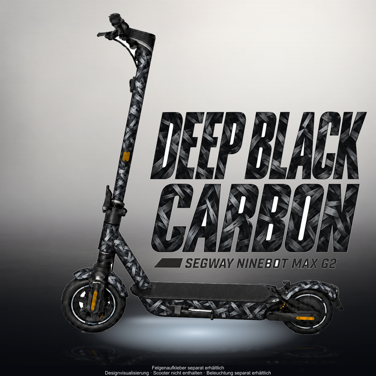 SEGWAY NINEBOT G2 MAX SKIN | DEEP BLACK CARBON – Designvisualisierung im Studio-Look mit Licht in der Skinfarbe; Scooter nicht enthalten, Beleuchtung separat erhältlich