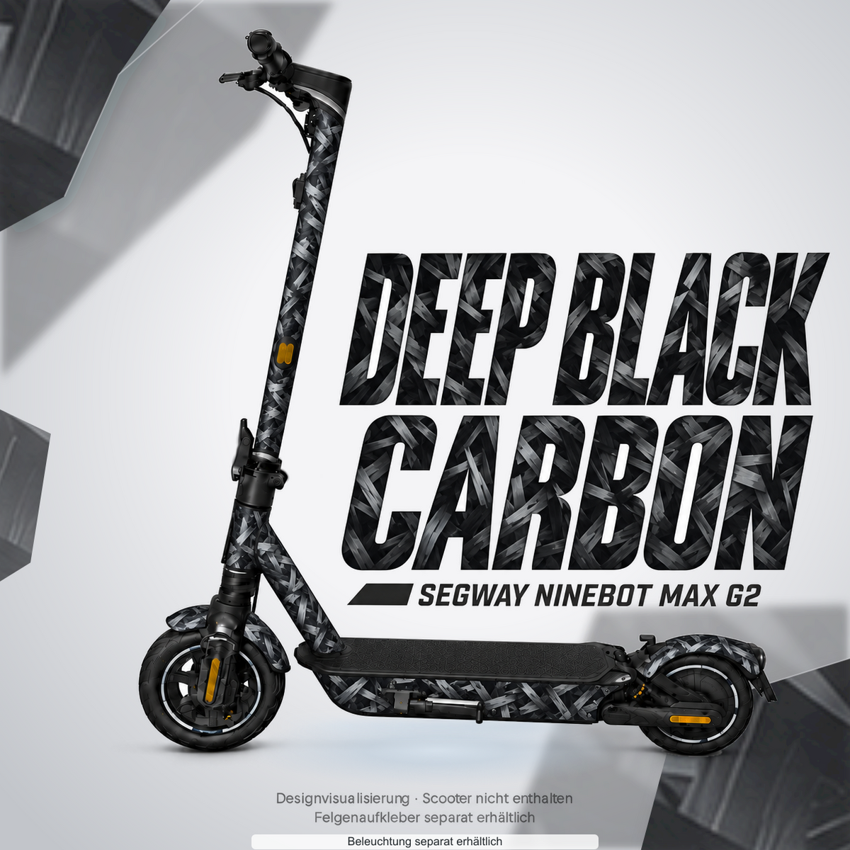 SEGWAY NINEBOT G2 MAX SKIN | DEEP BLACK CARBON – Designvisualisierung mit Lichtschein in Skin-Farben. Scooter nicht enthalten; Beleuchtung separat erhältlich.