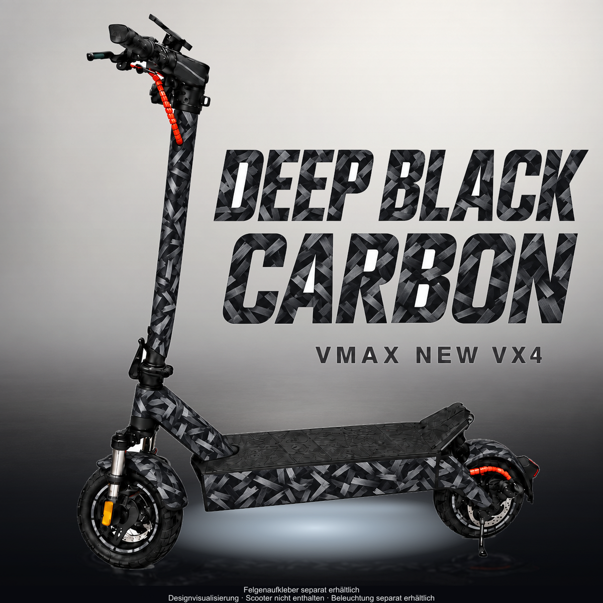 VMAX NEW VX4 SKIN | DEEP BLACK CARBON – Designvisualisierung im Studio-Look mit Licht in der Skinfarbe; Scooter nicht enthalten, Beleuchtung separat erhältlich