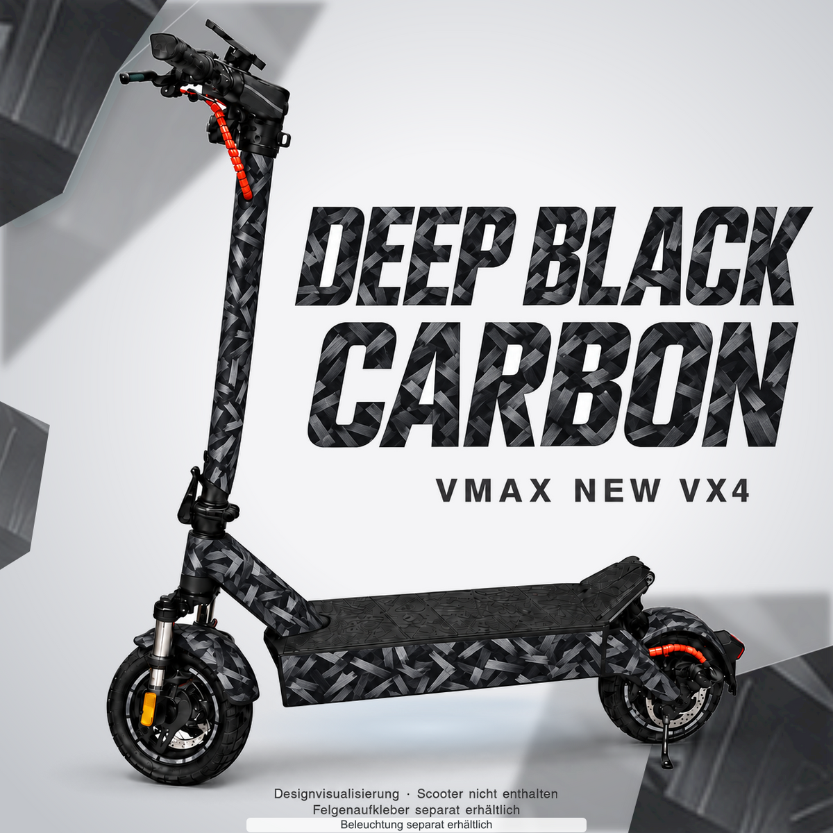 VMAX NEW VX4 SKIN | DEEP BLACK CARBON – Designvisualisierung mit Lichtschein in Skin-Farben. Scooter nicht enthalten; Beleuchtung separat erhältlich.