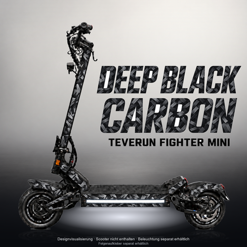 TEVERUN FIGHTER MINI / PRO SKIN | DEEP BLACK CARBON – Designvisualisierung im Studio-Look mit Licht in der Skinfarbe; Scooter nicht enthalten, Beleuchtung separat erhältlich