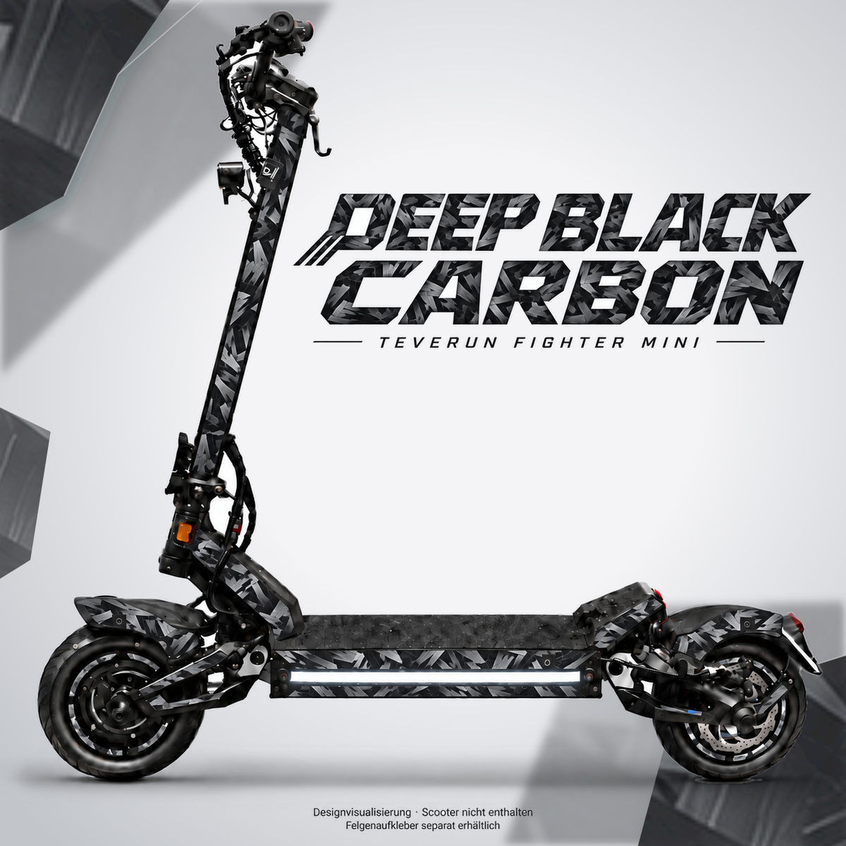 DEEP BLACK CARBON Skin für Teverun Fighter Mini. Felgenaufkleber separat erhältlich.