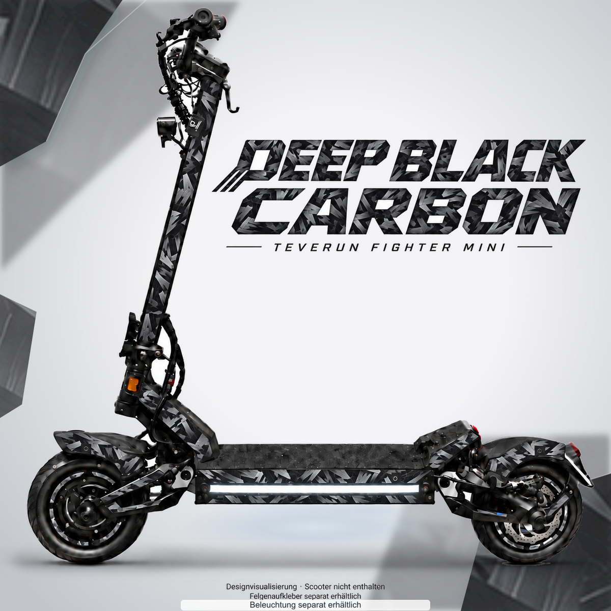 TEVERUN FIGHTER MINI / PRO SKIN | DEEP BLACK CARBON – Designvisualisierung mit Lichtschein in Skin-Farben. Scooter nicht enthalten; Beleuchtung separat erhältlich.