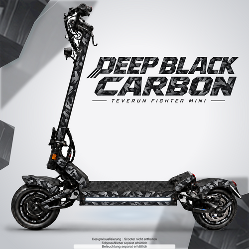 TEVERUN FIGHTER MINI / PRO SKIN | DEEP BLACK CARBON – Designvisualisierung mit Lichtschein in Skin-Farben. Scooter nicht enthalten; Beleuchtung separat erhältlich.