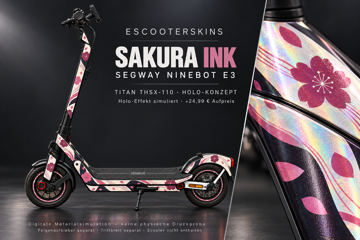 SEGWAY NINEBOT E3 / E3 PRO SKIN | SAKURA INK – Holo-Effekt simuliert; +24,99 EUR Aufpreis. Digitale Materialsimulation, keine physische Druckprobe. Nur Body-Skin; Trittbrett und Felgenaufkleber separat; Scooter nicht enthalten.