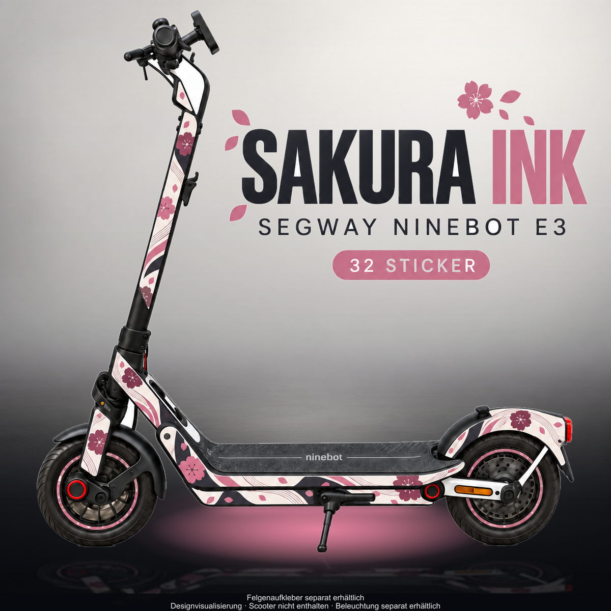 SEGWAY NINEBOT E3 / E3 PRO SKIN | SAKURA INK – Designvisualisierung im Studio-Look mit Licht in der Skinfarbe; Scooter nicht enthalten, Beleuchtung separat erhältlich