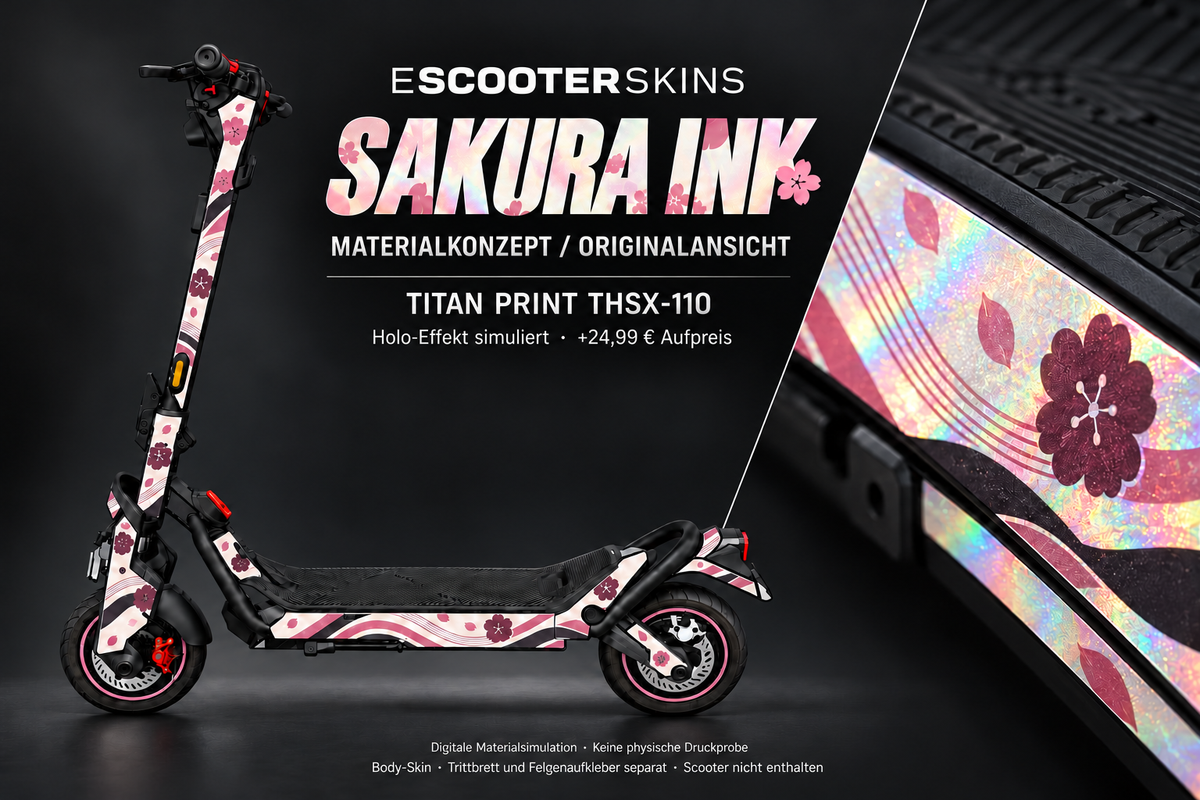 SAKURA INK – Holo-Effekt simuliert; +24,99 EUR Aufpreis. Digitale Materialsimulation, keine physische Druckprobe. Nur Body-Skin; Trittbrett und Felgenaufkleber separat; Scooter nicht enthalten.