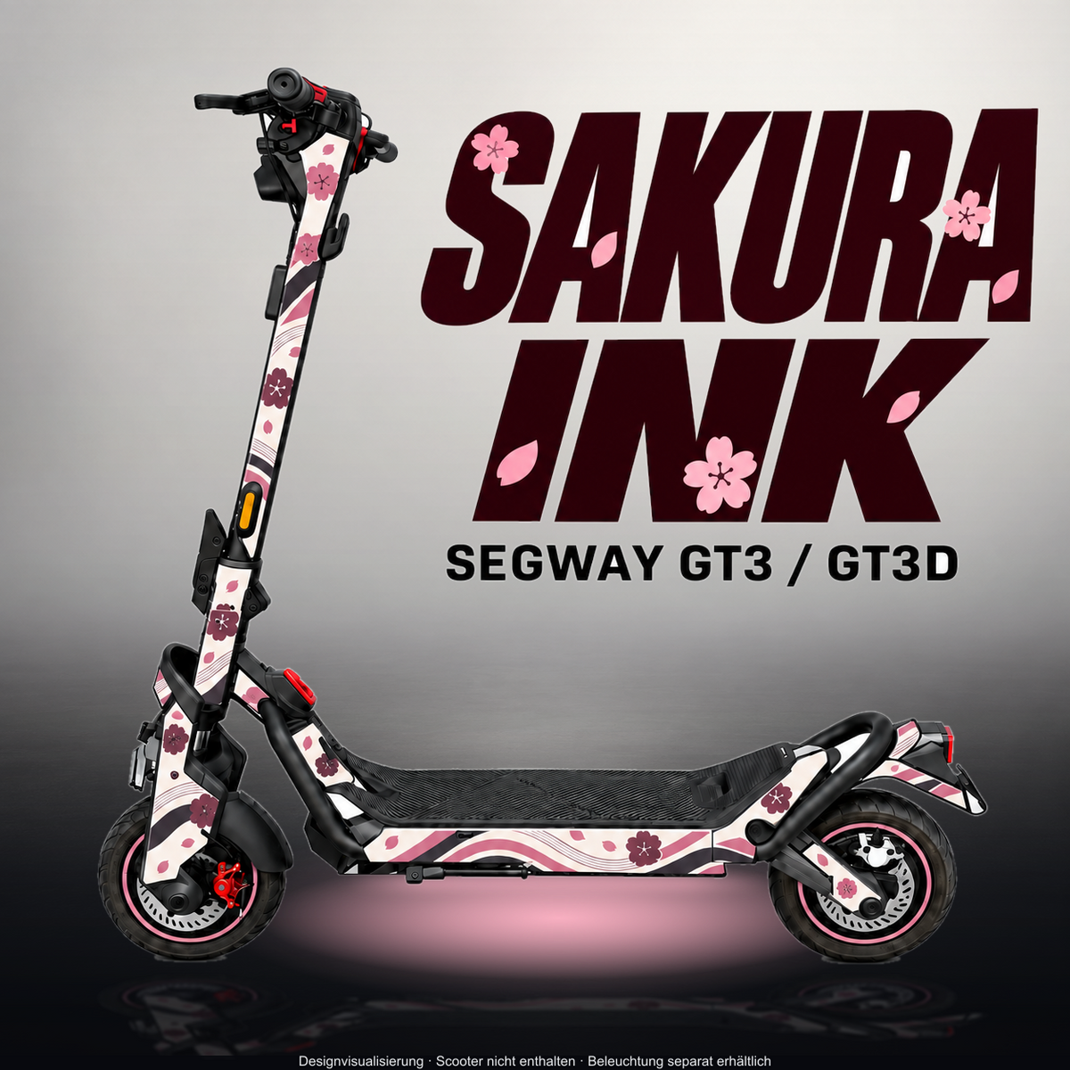 SEGWAY NINEBOT GT3 SKIN | SAKURA INK – Designvisualisierung im Studio-Look mit Licht in der Skinfarbe; Scooter nicht enthalten, Beleuchtung separat erhältlich