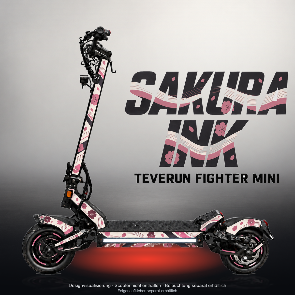 TEVERUN FIGHTER MINI / PRO SKIN | SAKURA INK – Designvisualisierung im Studio-Look mit Licht in der Skinfarbe; Scooter nicht enthalten, Beleuchtung separat erhältlich