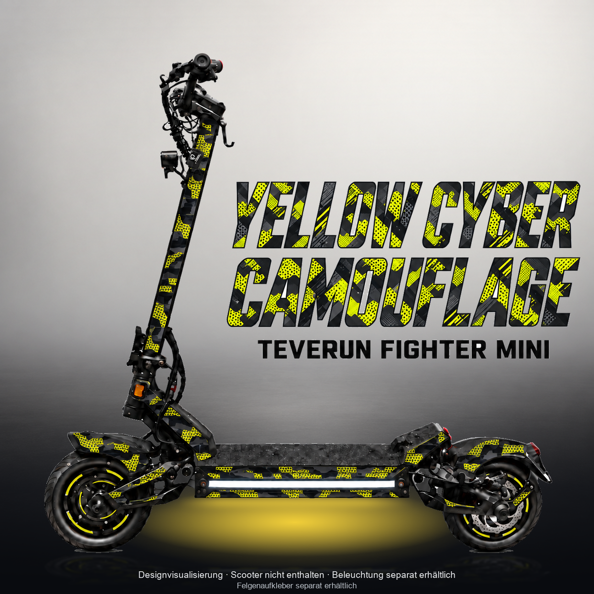 TEVERUN FIGHTER MINI / PRO SKIN | YELLOW CYBER CAMOUFLAGE – Studiofoto mit Licht in der Skinfarbe; Scooter und Beleuchtung separat erhältlich