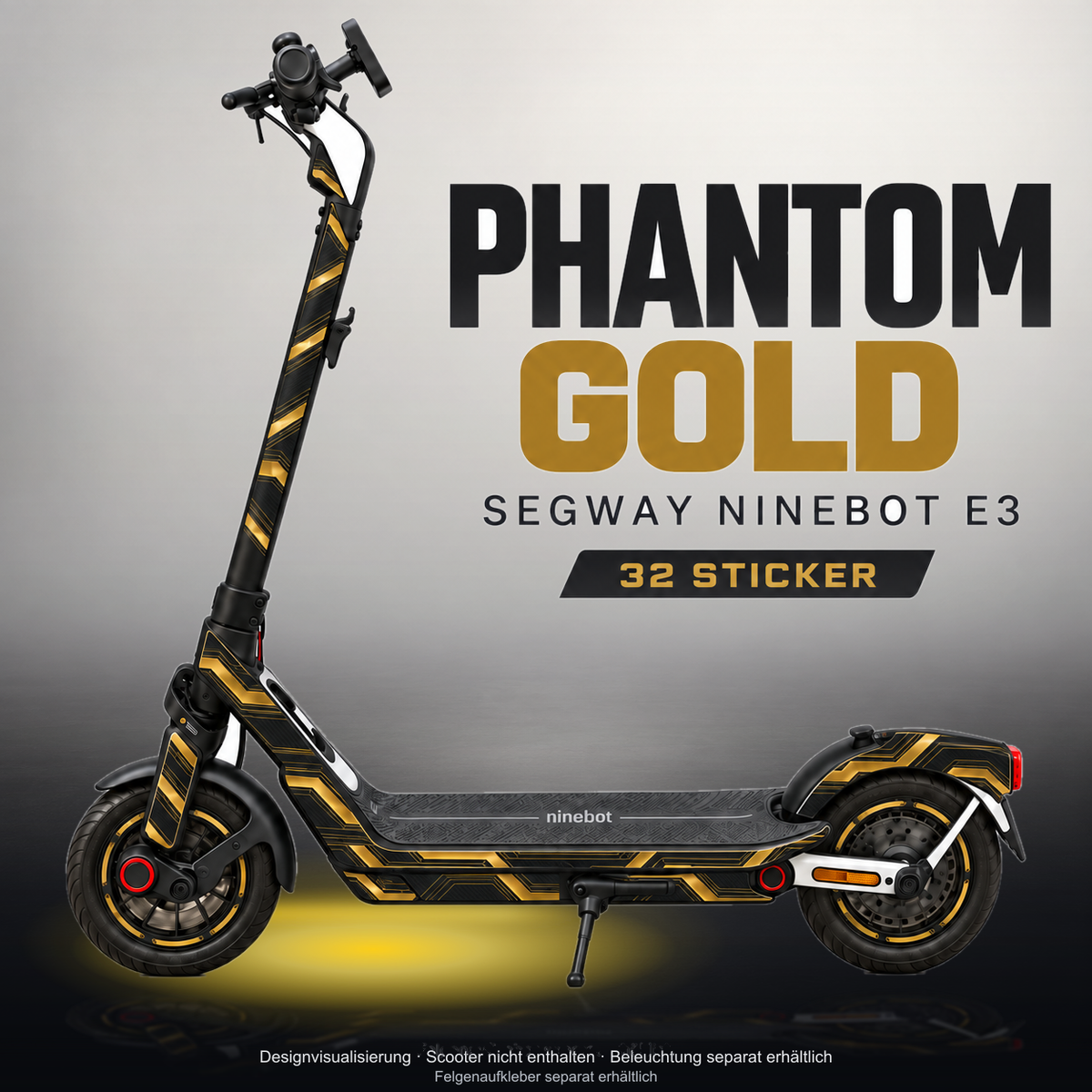 SEGWAY NINEBOT E3 / E3 PRO SKIN | PHANTOM GOLD – Studiofoto mit Licht in der Skinfarbe; Scooter und Beleuchtung separat erhältlich