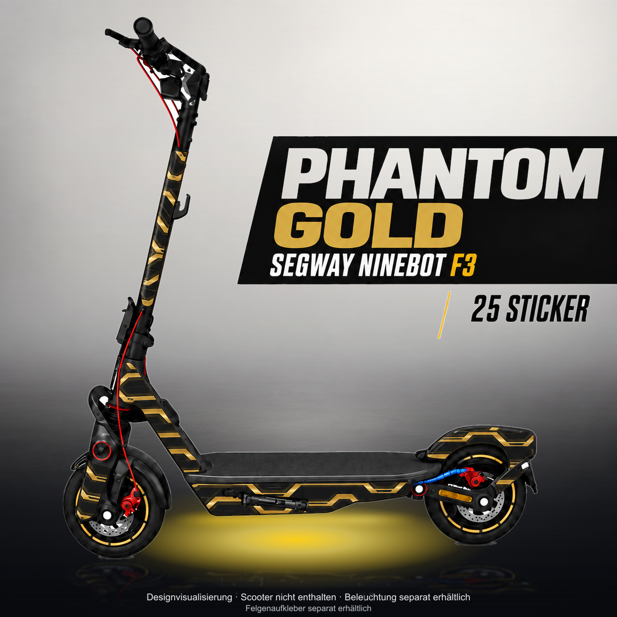 SEGWAY NINEBOT F3 / F3 PRO SKIN | PHANTOM GOLD – Studiofoto mit Licht in der Skinfarbe; Scooter und Beleuchtung separat erhältlich