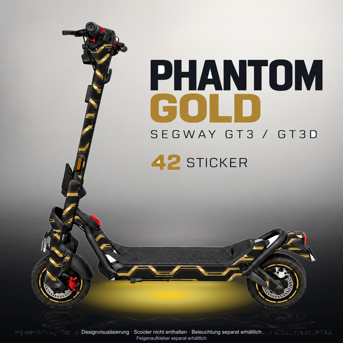 SEGWAY NINEBOT GT3 SKIN | PHANTOM GOLD – Studiofoto mit Licht in der Skinfarbe; Scooter und Beleuchtung separat erhältlich