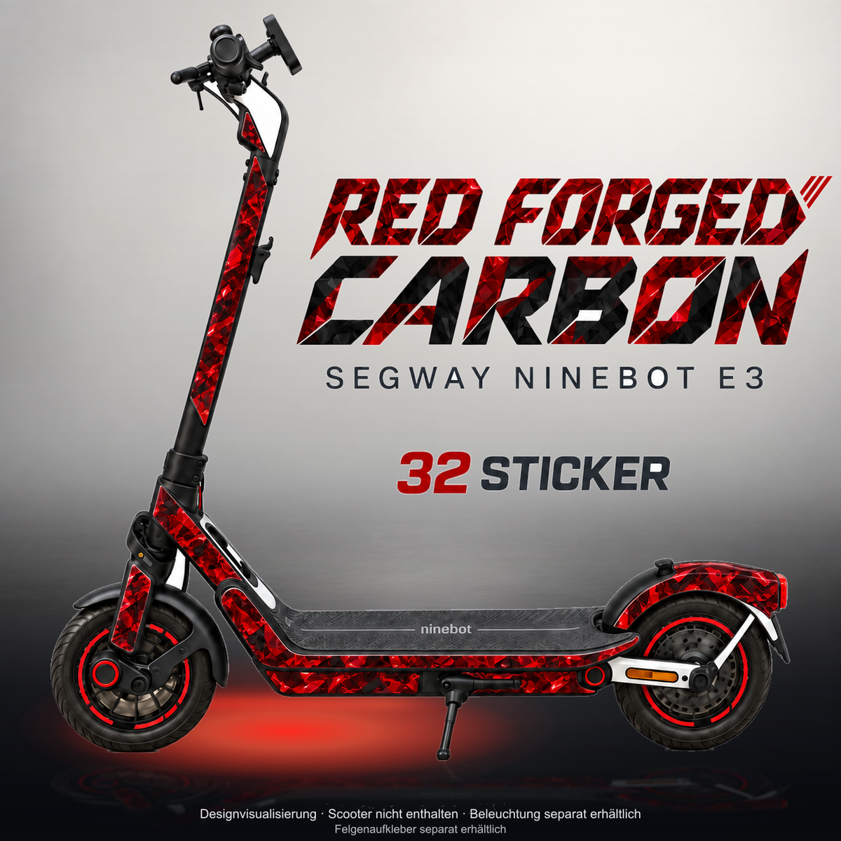 SEGWAY NINEBOT E3 / E3 PRO SKIN | RED FORGED CARBON – Studiofoto mit Licht in der Skinfarbe; Scooter und Beleuchtung separat erhältlich
