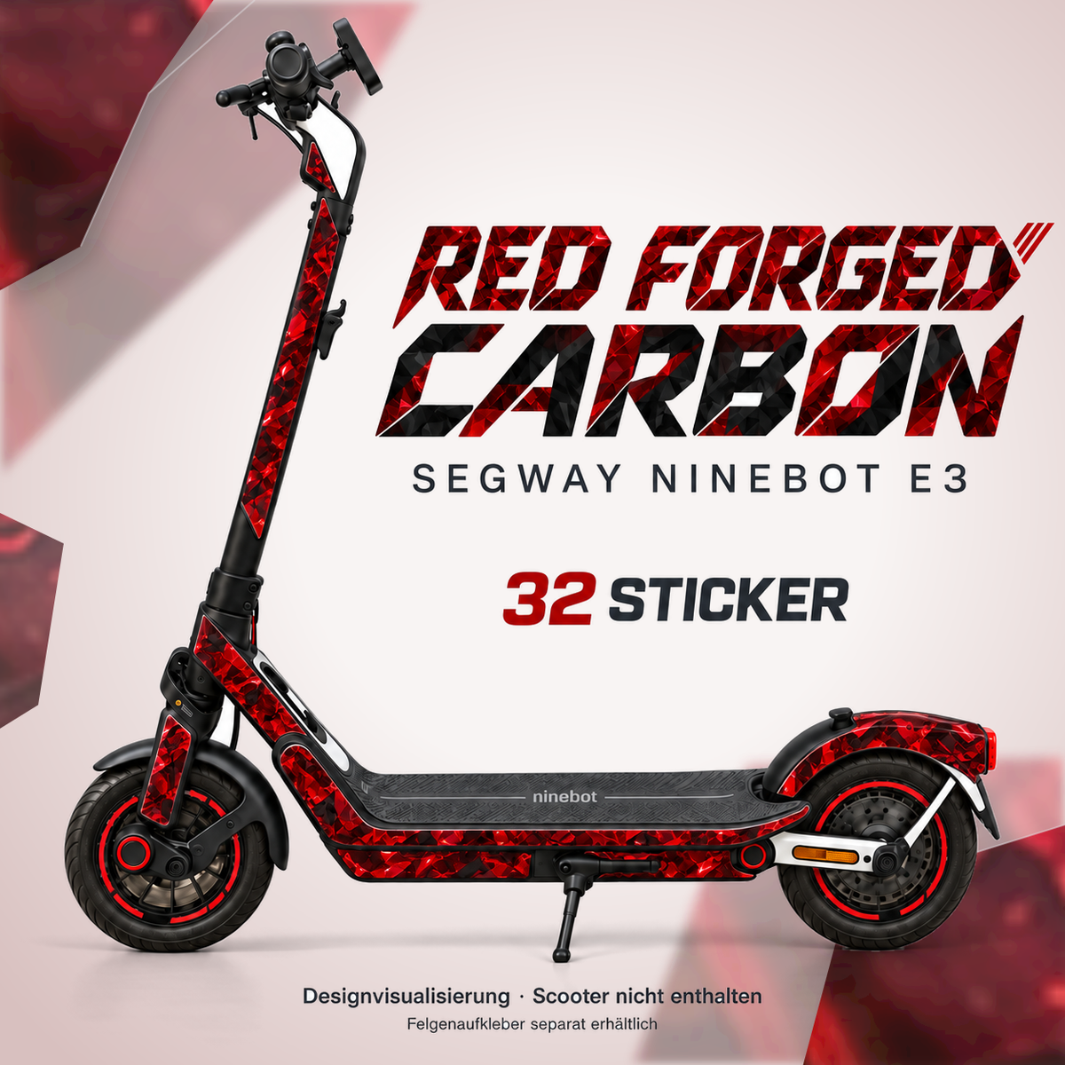RED FORGED CARBON Skin für Segway Ninebot E3. Felgenaufkleber separat erhältlich.