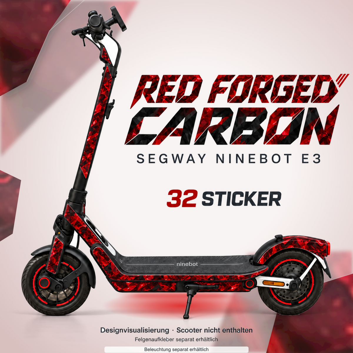 SEGWAY NINEBOT E3 / E3 PRO SKIN | RED FORGED CARBON – Designvisualisierung mit Lichtschein in Skin-Farben. Scooter nicht enthalten; Beleuchtung separat erhältlich.
