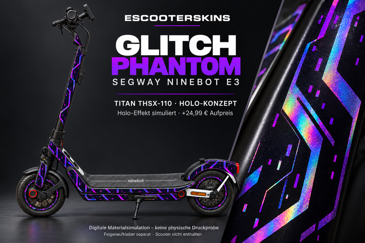 SEGWAY NINEBOT E3 / E3 PRO SKIN | GLITCH PHANTOM – Holo-Effekt simuliert; +24,99 EUR Aufpreis. Digitale Materialsimulation, keine physische Druckprobe. Nur Body-Skin; Trittbrett und Felgenaufkleber separat; Scooter nicht enthalten.