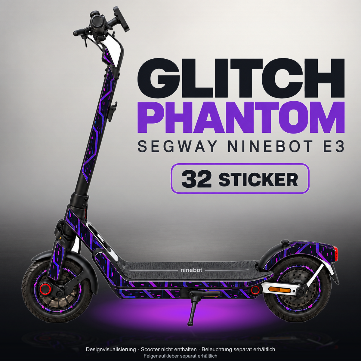 SEGWAY NINEBOT E3 / E3 PRO SKIN | GLITCH PHANTOM – Studiofoto mit passendem Unterbodenlicht; Scooter und Beleuchtung separat erhältlich