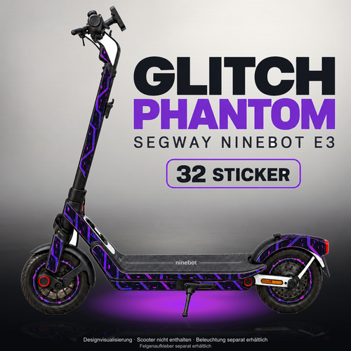SEGWAY NINEBOT E3 / E3 PRO SKIN | GLITCH PHANTOM – Studiofoto mit passendem Unterbodenlicht; Scooter und Beleuchtung separat erhältlich