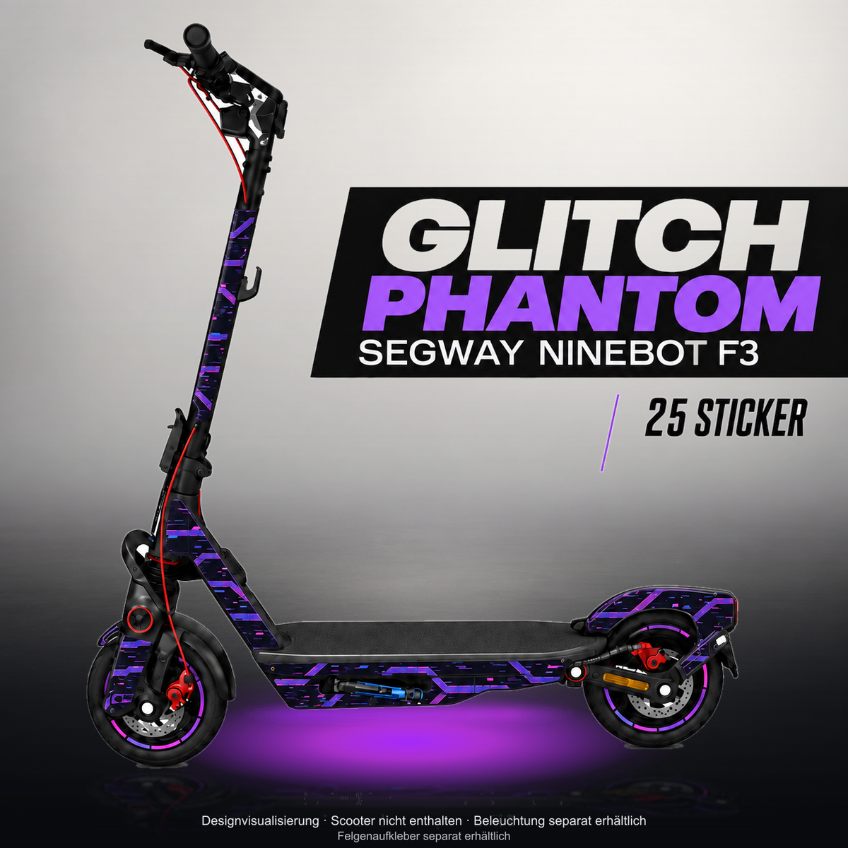 SEGWAY NINEBOT F3 / F3 PRO SKIN | GLITCH PHANTOM – Studiofoto mit Licht in der Skinfarbe; Scooter und Beleuchtung separat erhältlich
