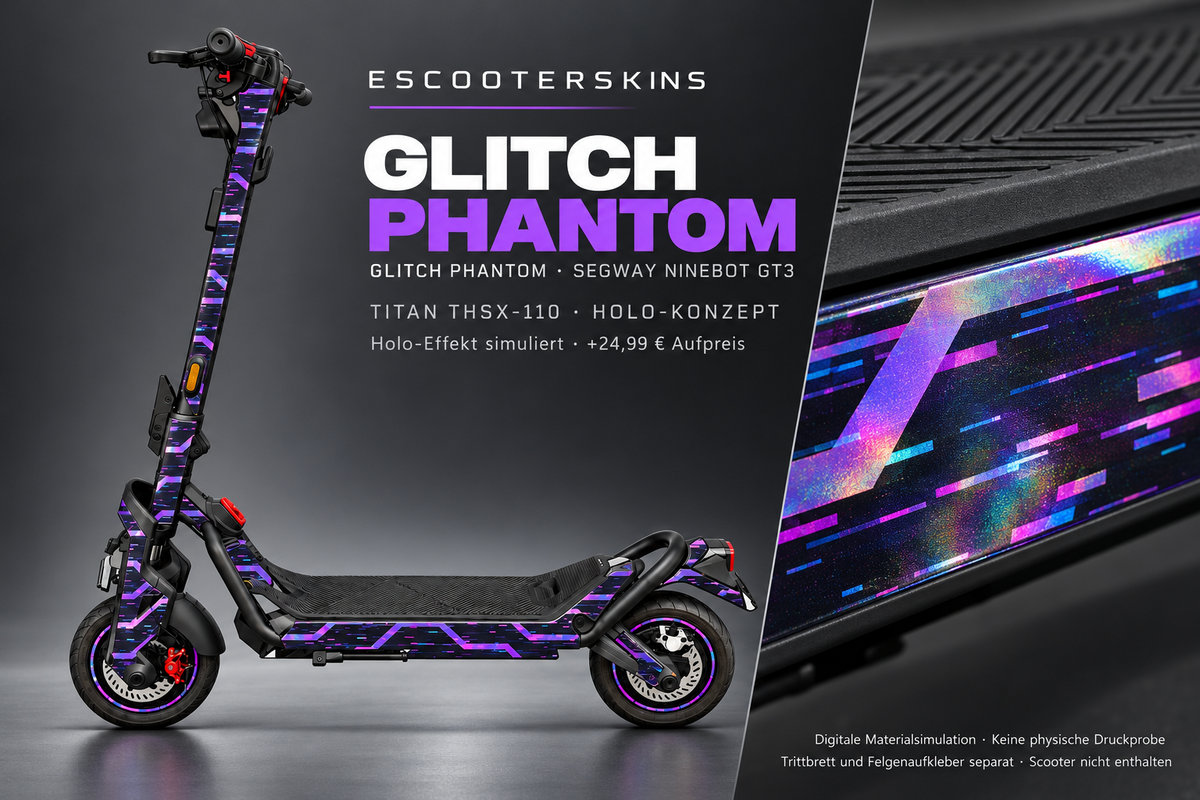 SEGWAY NINEBOT GT3 SKIN | GLITCH PHANTOM – Holo-Effekt simuliert; +24,99 EUR Aufpreis. Digitale Materialsimulation, keine physische Druckprobe. Nur Body-Skin; Trittbrett und Felgenaufkleber separat; Scooter nicht enthalten.