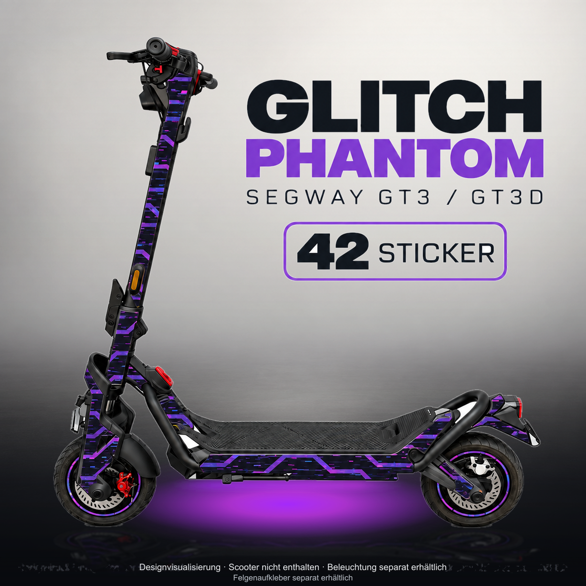 SEGWAY NINEBOT GT3 SKIN | GLITCH PHANTOM – Studiofoto mit Licht in der Skinfarbe; Scooter und Beleuchtung separat erhältlich