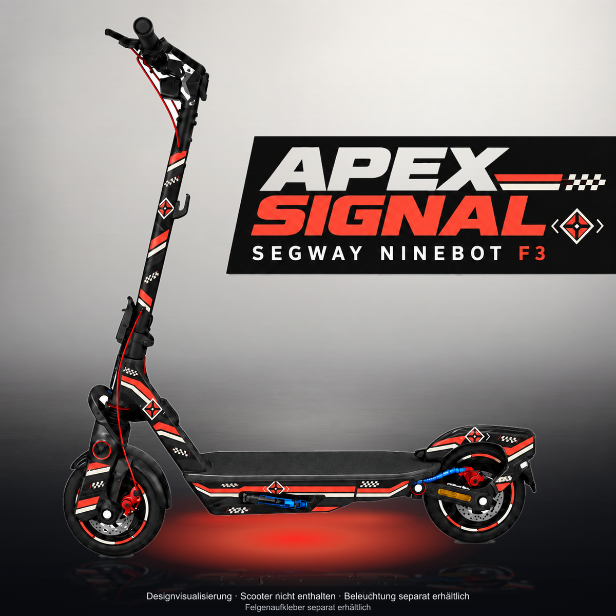 SEGWAY NINEBOT F3 / F3 PRO SKIN | APEX SIGNAL – Studiofoto mit Licht in der Skinfarbe; Scooter und Beleuchtung separat erhältlich