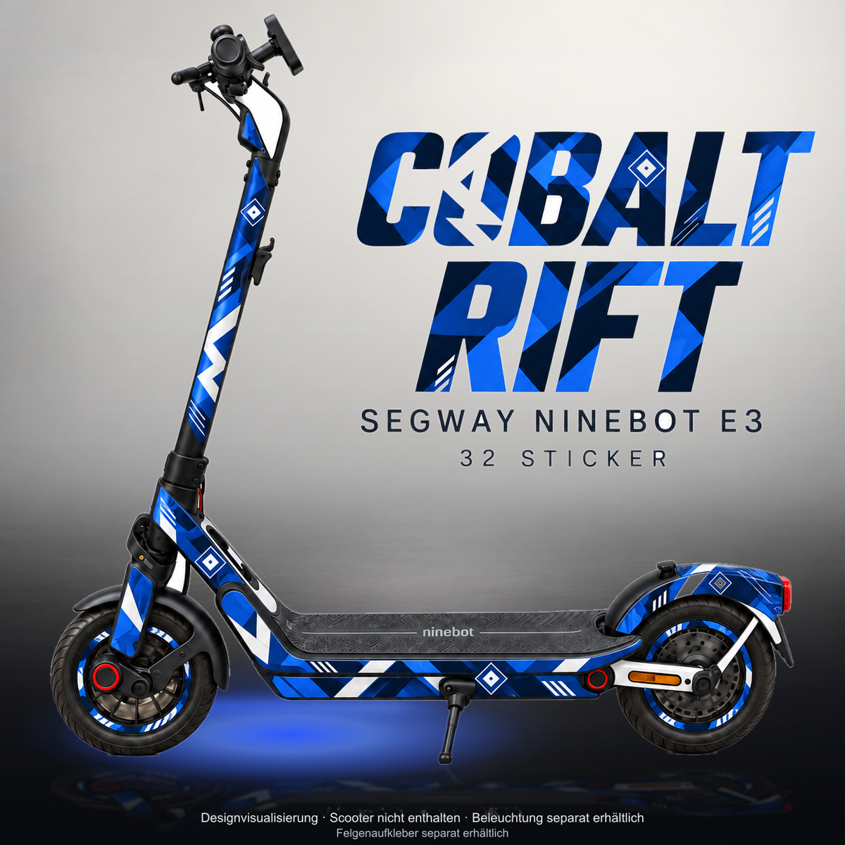 SEGWAY NINEBOT E3 / E3 PRO SKIN | COBALT RIFT – Studiofoto mit Licht in der Skinfarbe; Scooter und Beleuchtung separat erhältlich