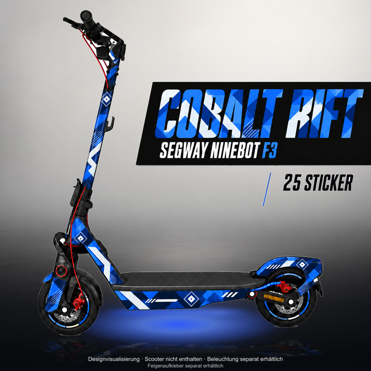 SEGWAY NINEBOT F3 / F3 PRO SKIN | COBALT RIFT – Studiofoto mit Licht in der Skinfarbe; Scooter und Beleuchtung separat erhältlich