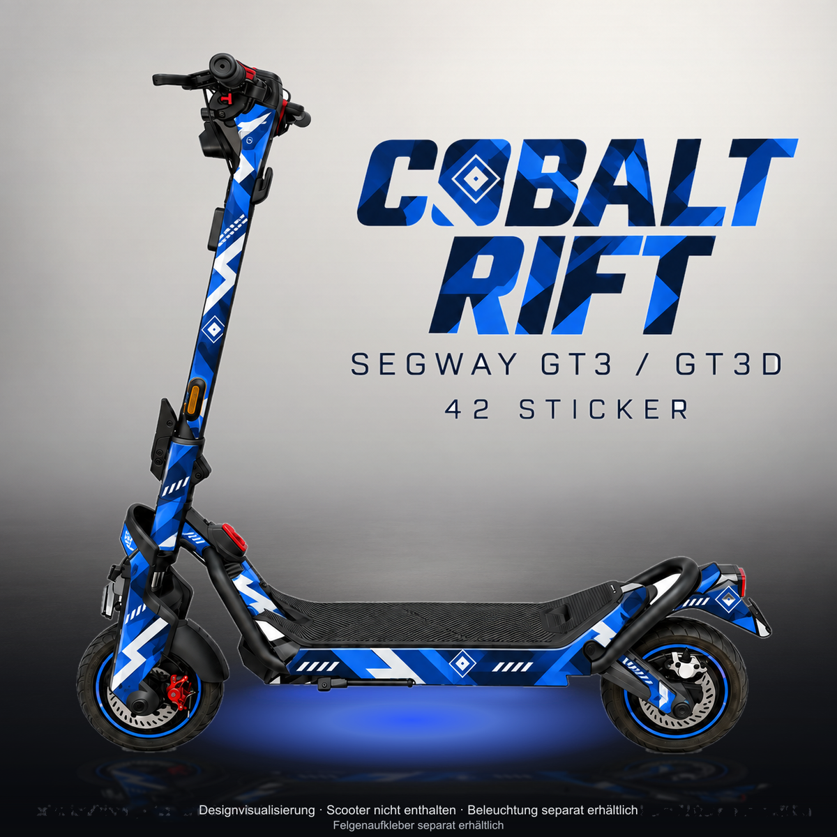 SEGWAY NINEBOT GT3 SKIN | COBALT RIFT – Studiofoto mit Licht in der Skinfarbe; Scooter und Beleuchtung separat erhältlich