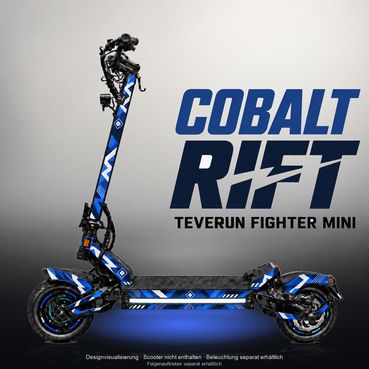 TEVERUN FIGHTER MINI / PRO SKIN | COBALT RIFT – Studiofoto mit Licht in der Skinfarbe; Scooter und Beleuchtung separat erhältlich