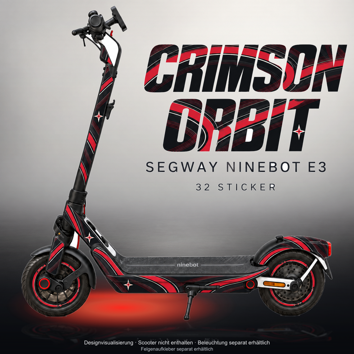 SEGWAY NINEBOT E3 / E3 PRO SKIN | CRIMSON ORBIT – Studiofoto mit Licht in der Skinfarbe; Scooter und Beleuchtung separat erhältlich