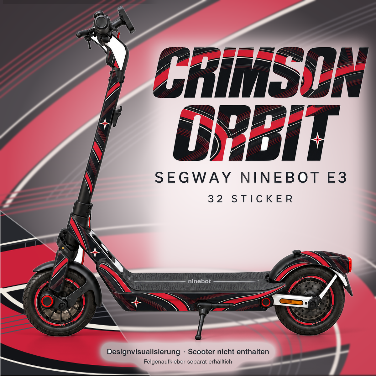 CRIMSON ORBIT Skin für Segway Ninebot E3. Felgenaufkleber separat erhältlich.