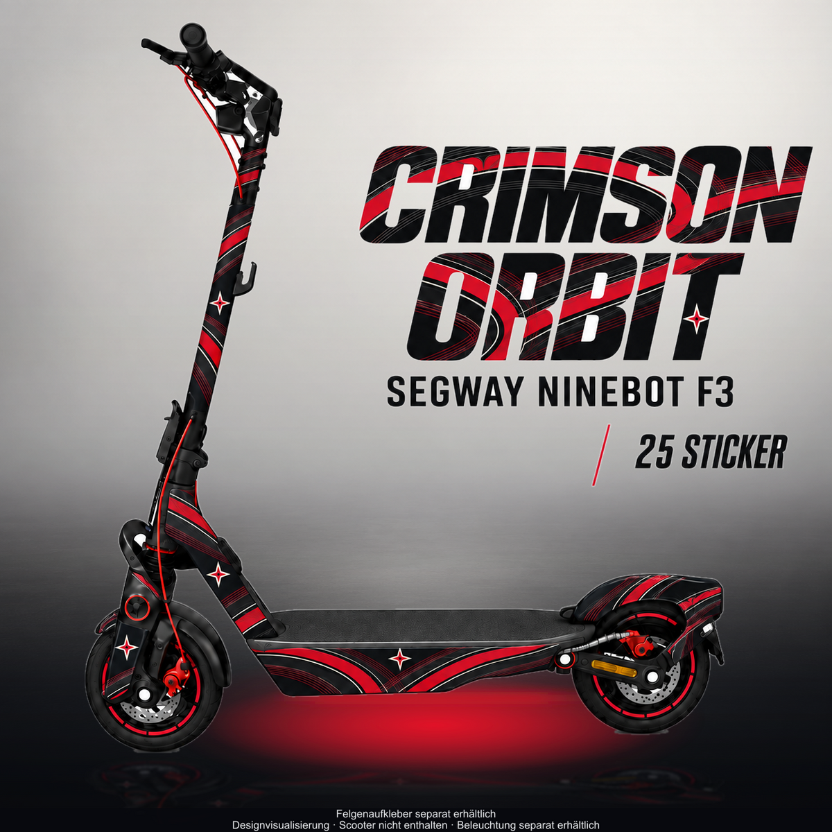 SEGWAY NINEBOT F3 / F3 PRO SKIN | CRIMSON ORBIT – Designvisualisierung im Studio-Look mit Licht in der Skinfarbe; Scooter nicht enthalten, Beleuchtung separat erhältlich