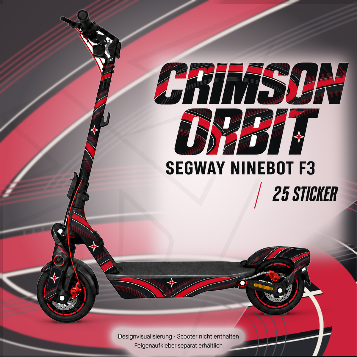 CRIMSON ORBIT Skin für Segway Ninebot F3. Felgenaufkleber separat erhältlich.