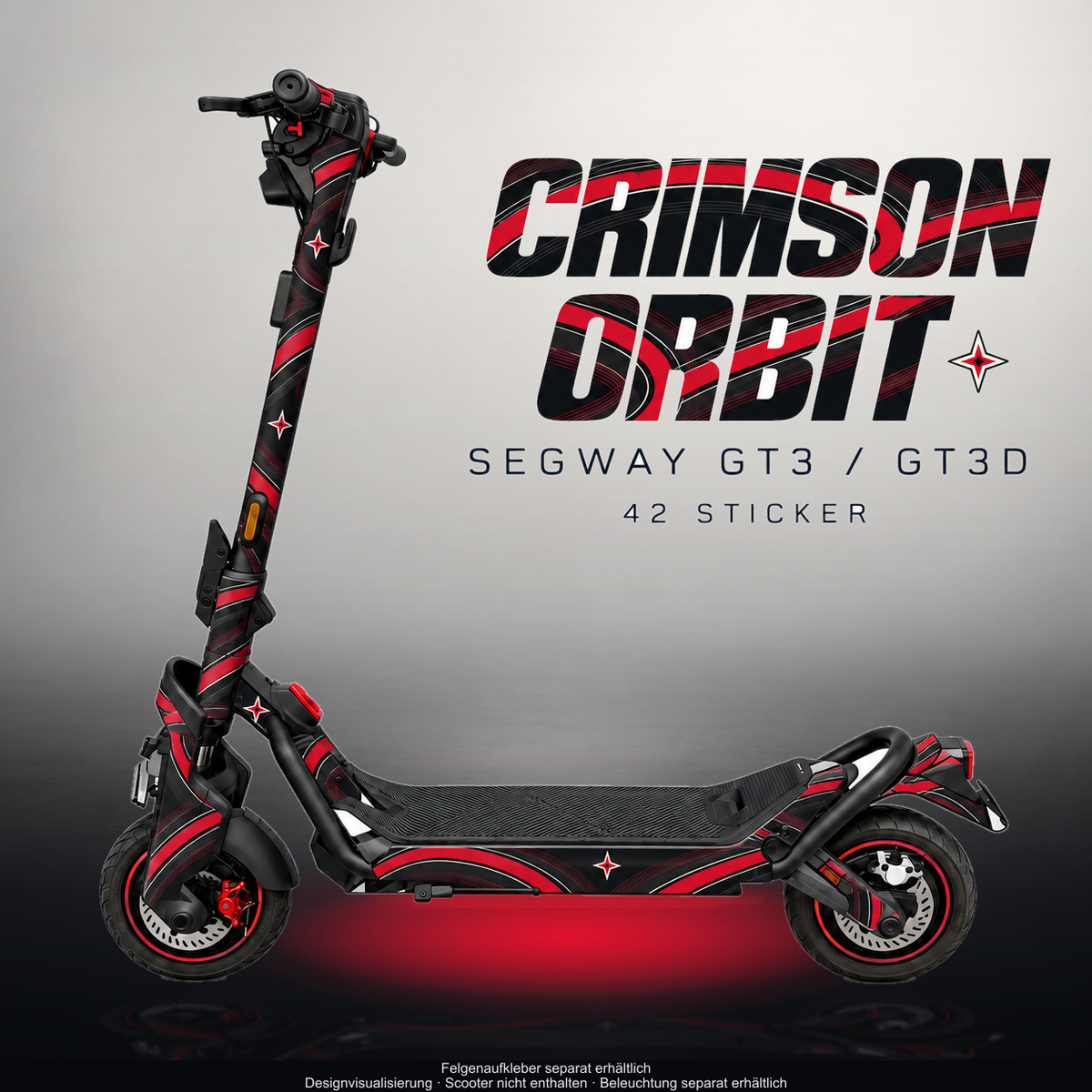 SEGWAY NINEBOT GT3 SKIN | CRIMSON ORBIT – Designvisualisierung im Studio-Look mit Licht in der Skinfarbe; Scooter nicht enthalten, Beleuchtung separat erhältlich