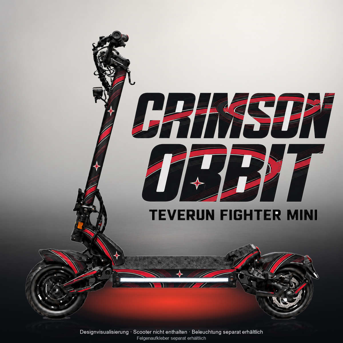 TEVERUN FIGHTER MINI / PRO SKIN | CRIMSON ORBIT – Designvisualisierung im Studio-Look mit Licht in der Skinfarbe; Scooter nicht enthalten, Beleuchtung separat erhältlich