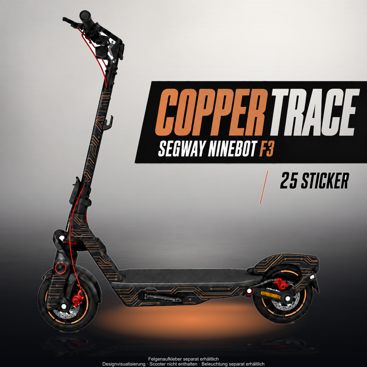 SEGWAY NINEBOT F3 / F3 PRO SKIN | COPPER TRACE – Designvisualisierung im Studio-Look mit Licht in der Skinfarbe; Scooter nicht enthalten, Beleuchtung separat erhältlich