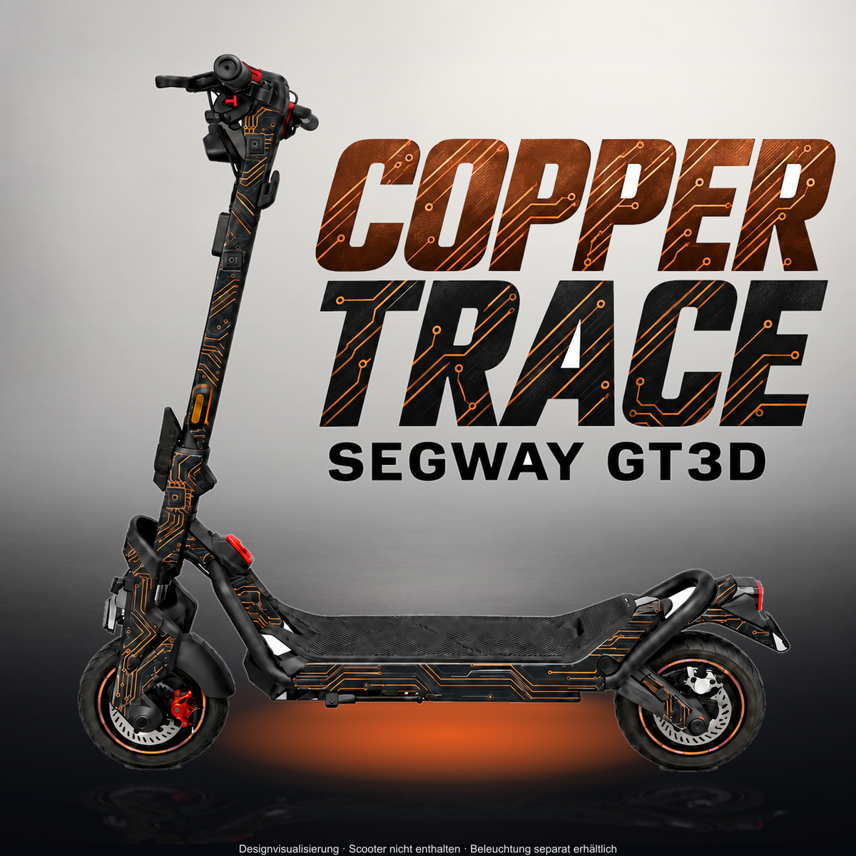 SEGWAY NINEBOT GT3 SKIN | COPPER TRACE – Designvisualisierung im Studio-Look mit Licht in der Skinfarbe; Scooter nicht enthalten, Beleuchtung separat erhältlich
