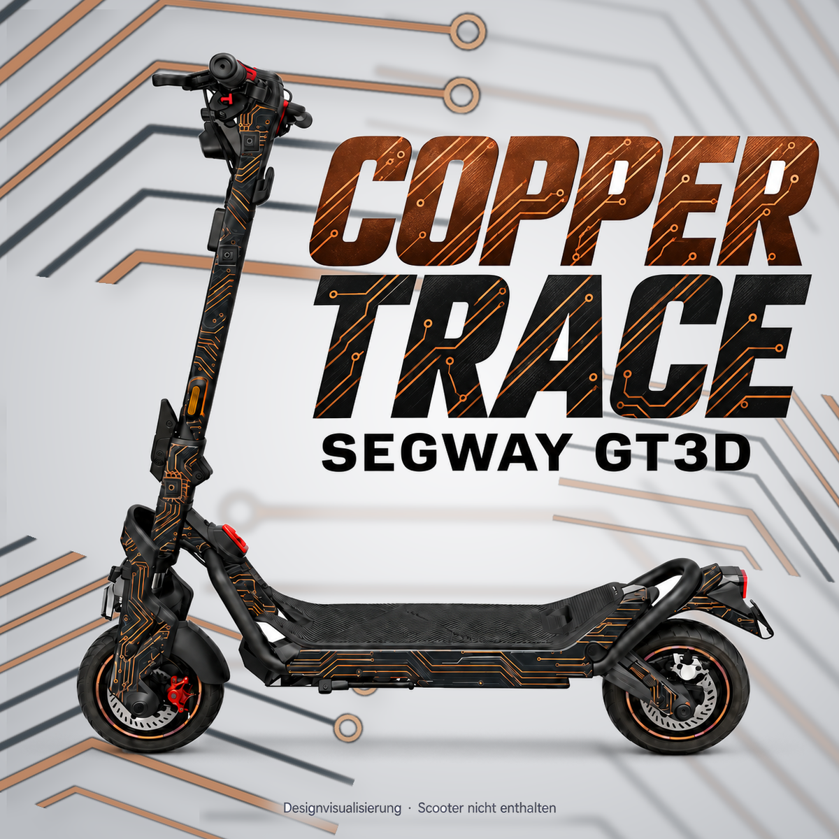 SEGWAY NINEBOT GT3 SKIN | COPPER TRACE – Designvisualisierung am passenden Scooter. Scooter nicht enthalten.